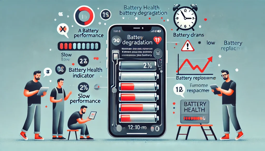 iPhoneバッテリーの劣化と交換時期を示し、バッテリー健康状態が低いこととその兆候が描かれています。